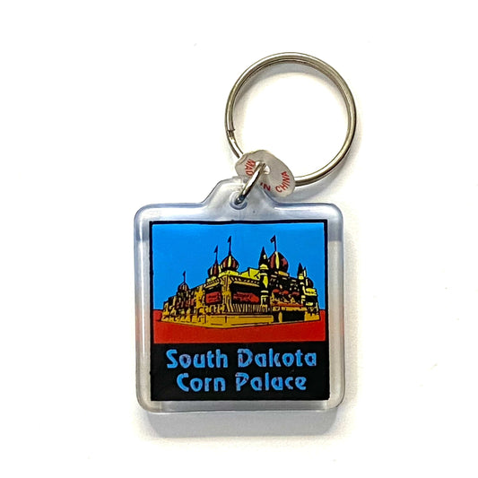 Vintage South Dakota Corn Palace Travel Souvenir Keychain Key Ring Square Clear Acrylic
