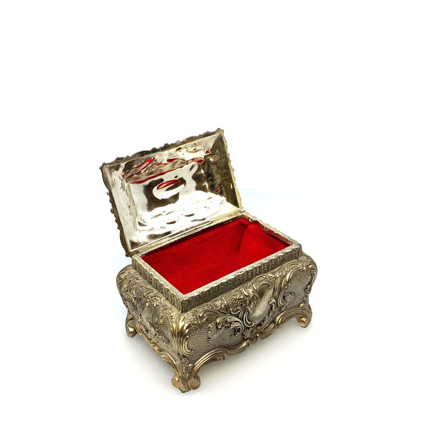 Vintage Ornate Gold Metal Casket Jewelry Box Art Floral Trinket Footed Vanity Accessory