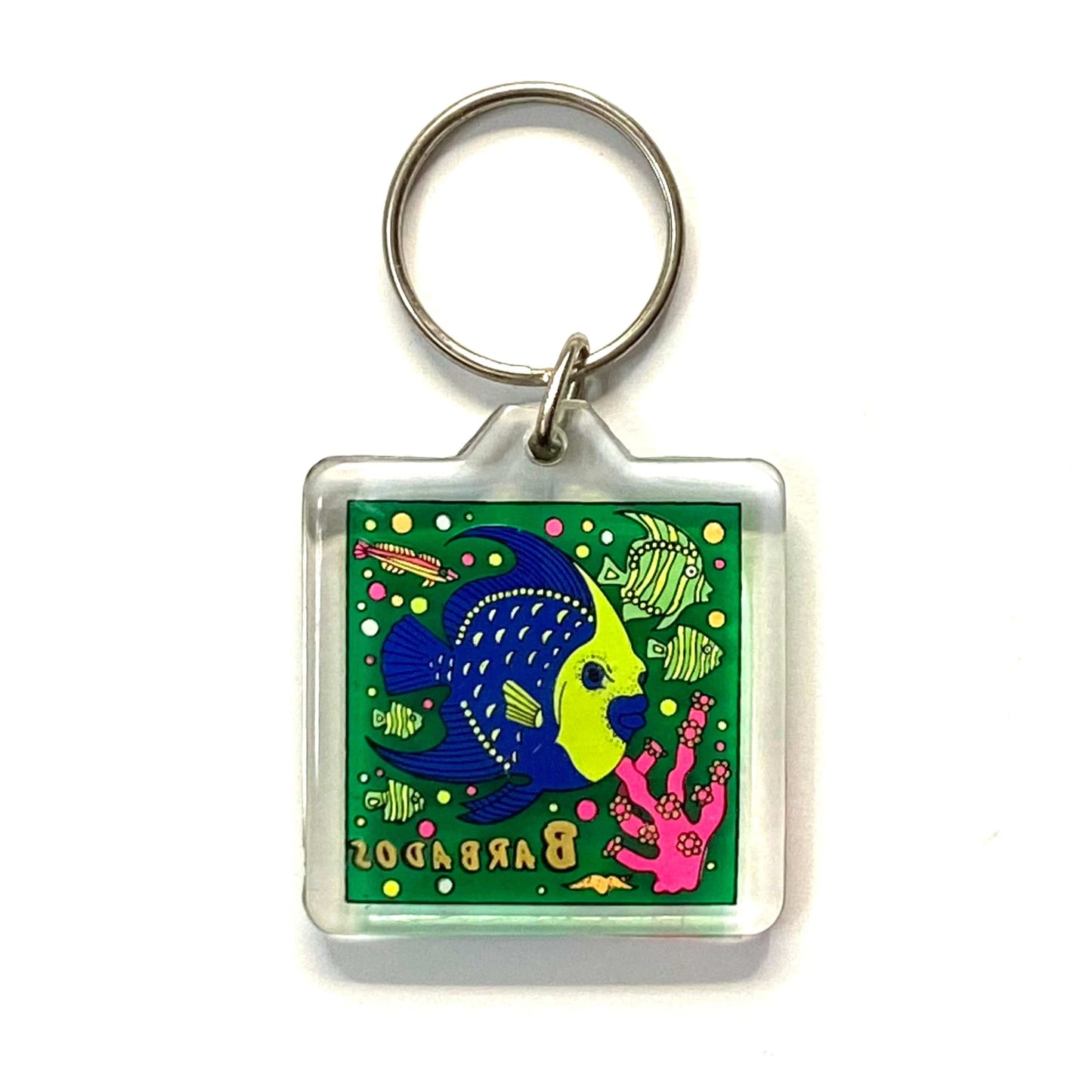 Vintage Barbados Coral Fish Travel Souvenir Keychain Key Ring Square Clear Acrylic