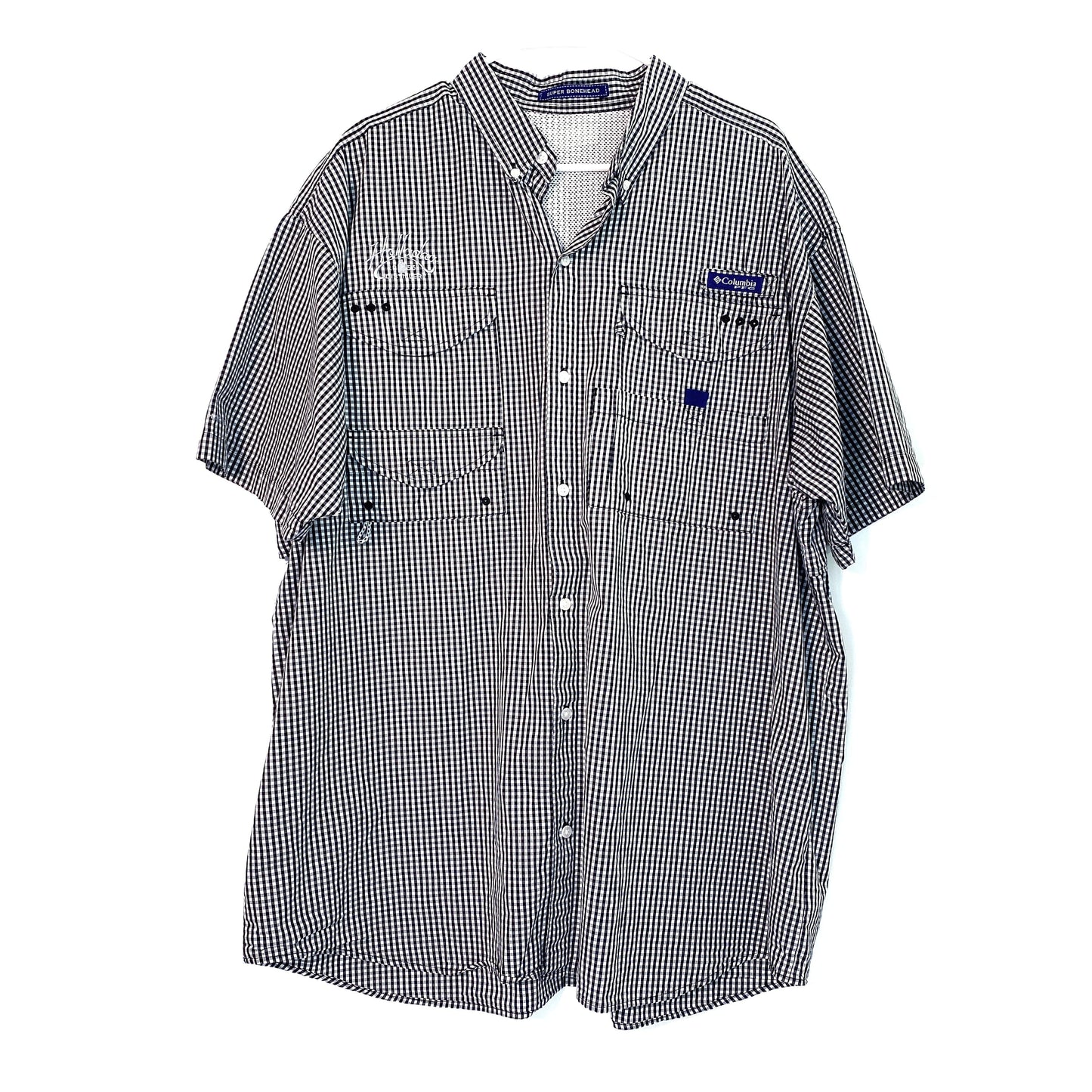 Columbia PFG Mens Size 2XL Black White Check Plaid Super Bonehead Vented Fishing Shirt Button-Up S/s