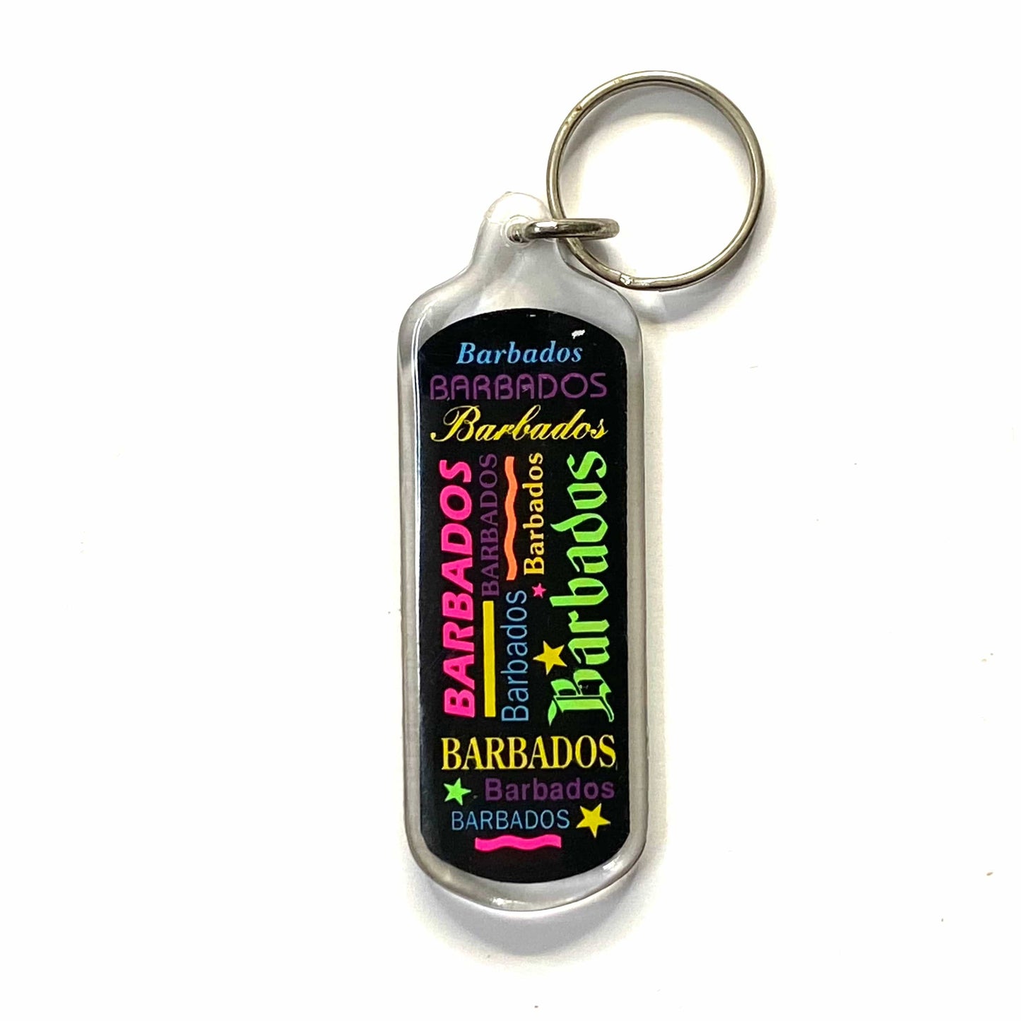 Vintage Barbados Travel Souvenir Keychain Key Ring Oval Clear Acrylic