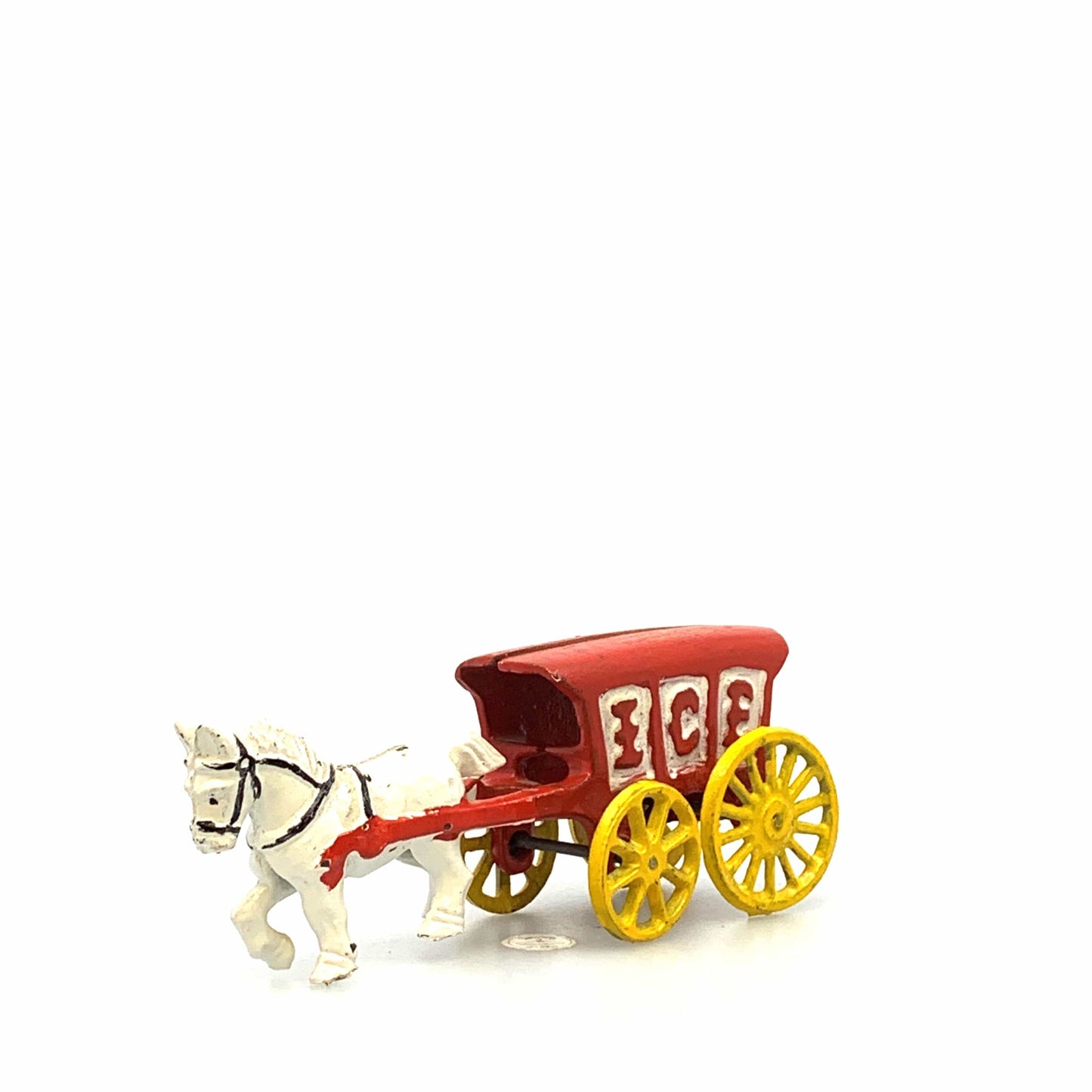 Champion Cast Iron Red Ice Wagon White Horse Drawn Cart Carriage Toy, Yellow Wheels