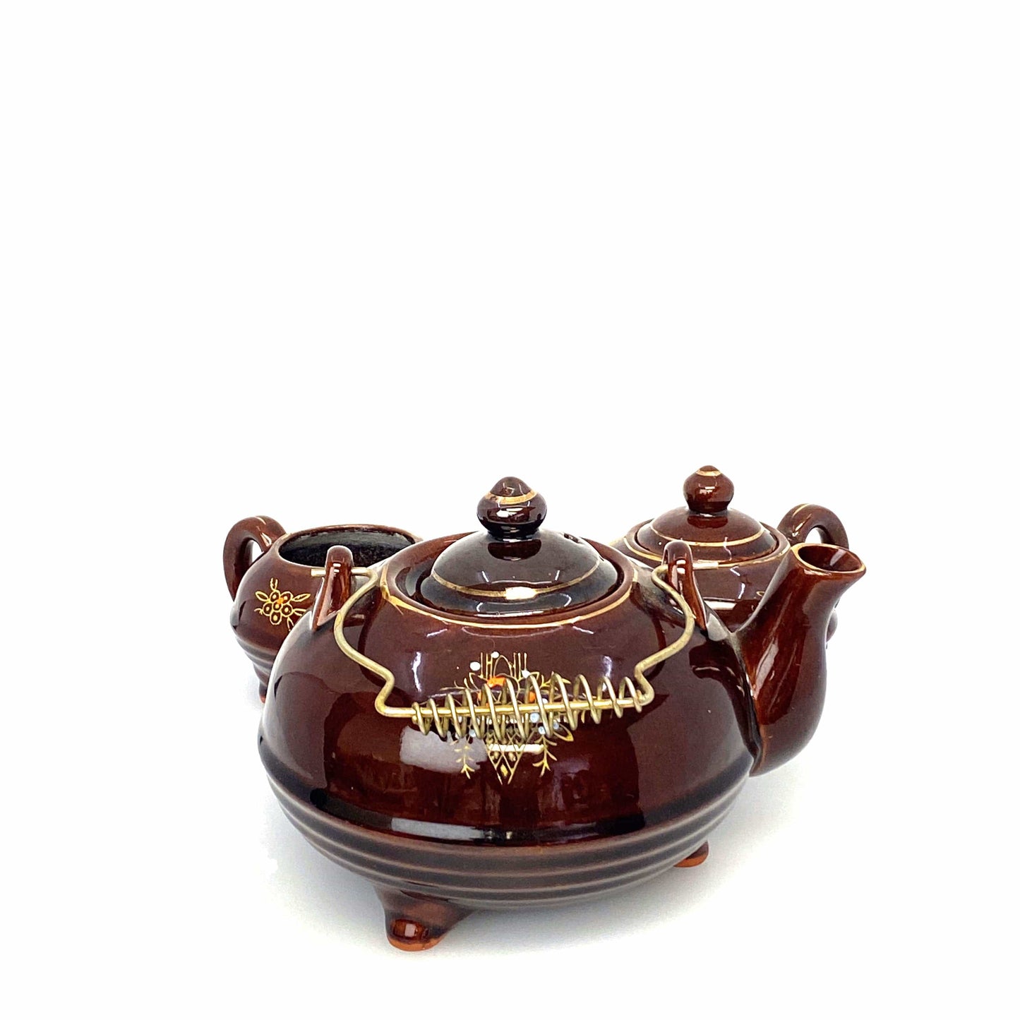 Vintage Redware Brown Betty Moriage Tea Pot Cream Sugar Bowl Set Japan 1960’s Hand-Painted