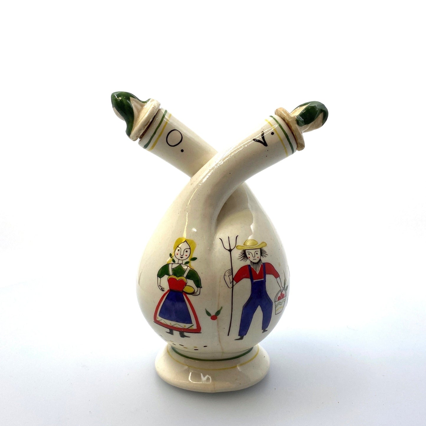 Vintage Fred Roberts Co Japan Oil & Vinegar Ceramic Twist Decanter Farmer & Wife