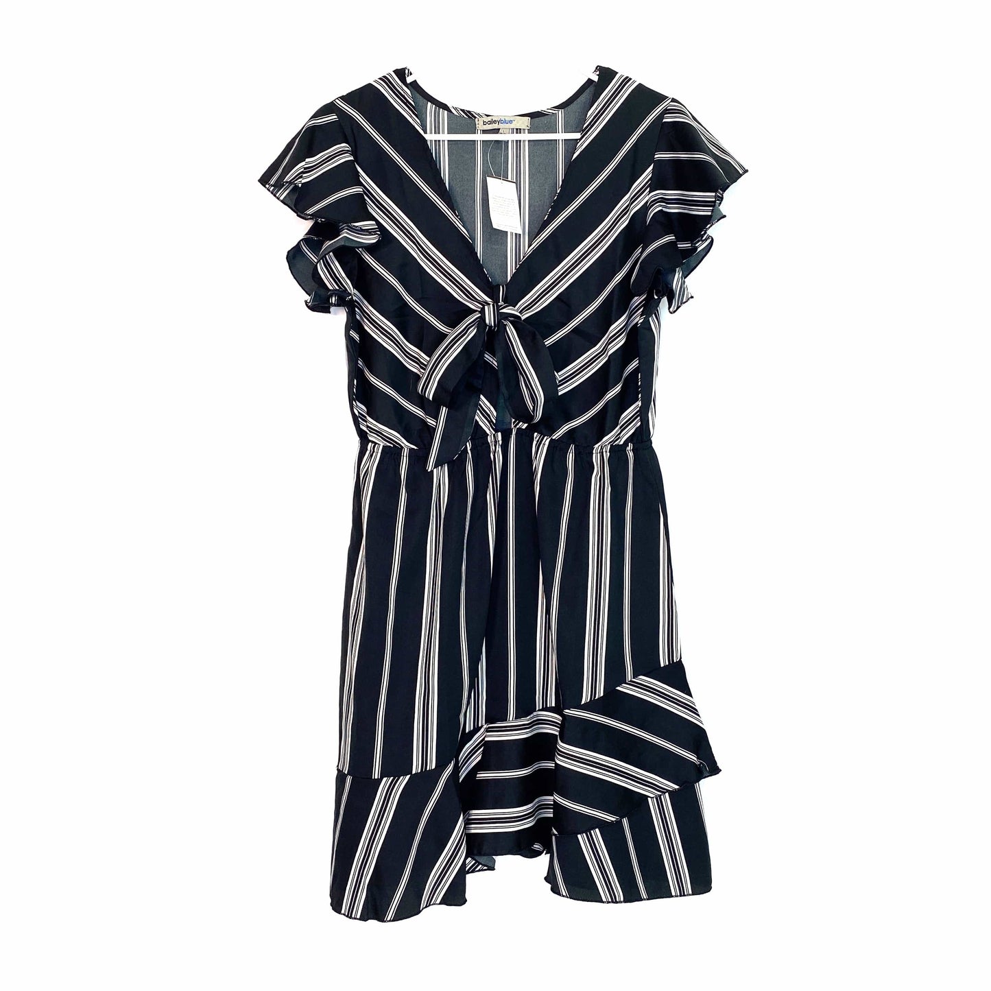 Bailey Blue Womens Size L Black White Striped Tie-Front Ruffle Dress NWT