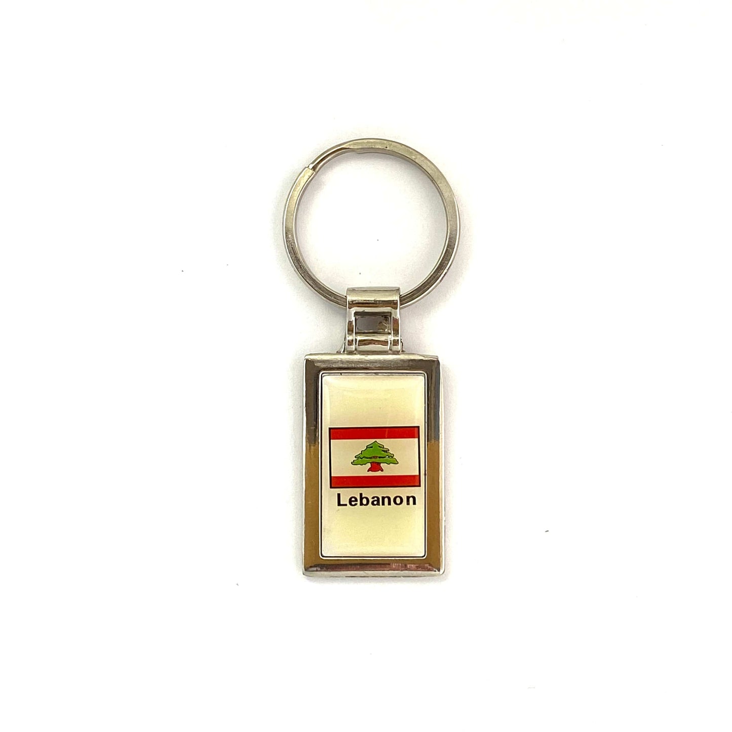 Vintage Lebanon Flag Silvertone Enamel Souvenir Keychain Key Ring Metal Charm