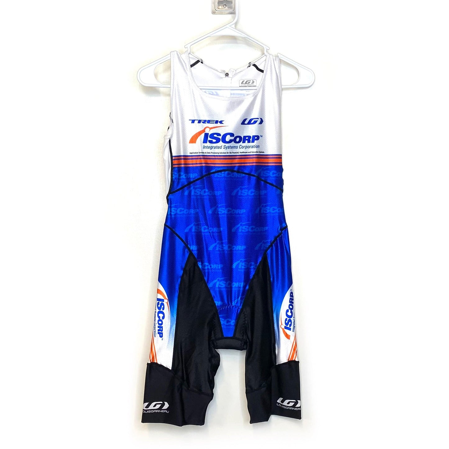 Louis Garneau Womens Size M White Blue Black Sleeveless Full Zip Pocketed Cycling One-Piece