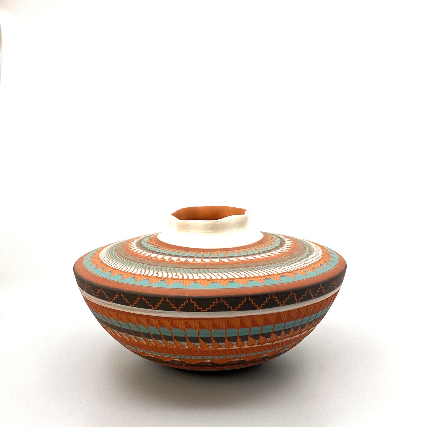 Navajo Pottery by Anna Tsosie Water Bowl Scalloped Top Terra Cotta white Orange Brown Hand Etched 7”