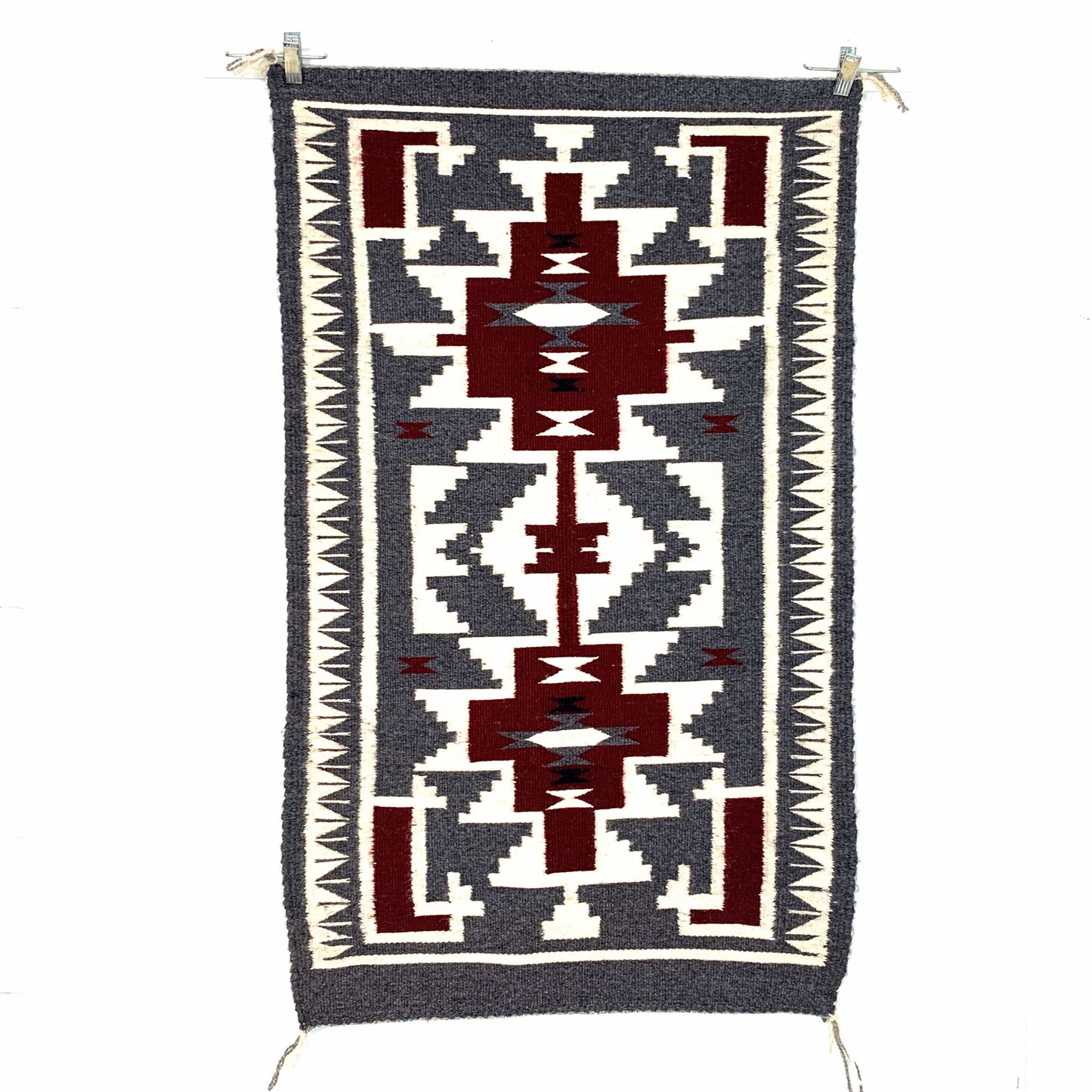 Vintage Navajo Hand-Woven Gray Red Geometric Kilim Rug by Lena Begay 40” x 25”