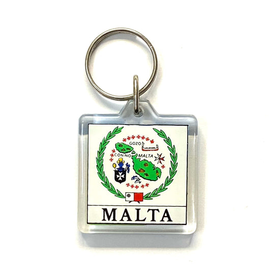 Vintage Malta Travel Souvenir Keychain Key Ring Square Clear Acrylic
