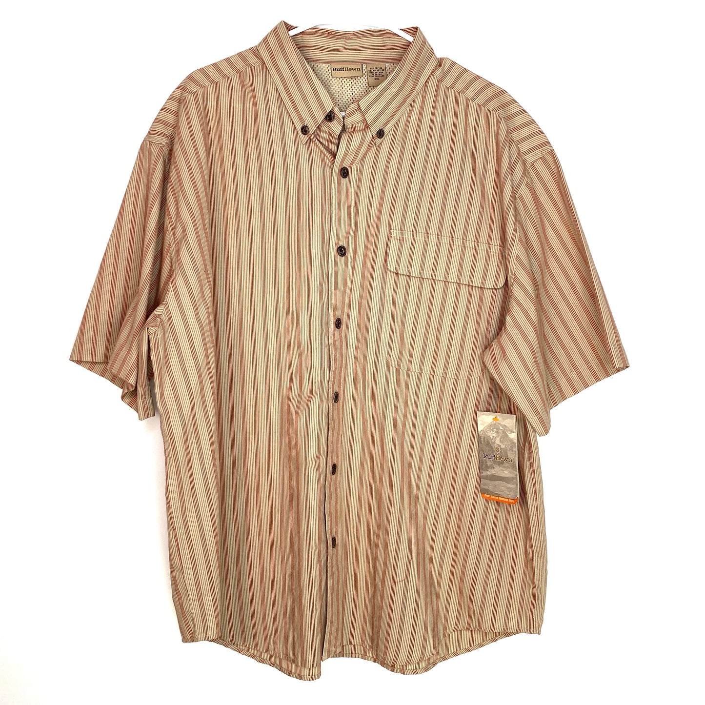 Ruff Hewn Mens Size XXL Brown Striped Vented Fishing Shirt Button-Up S/s NWT