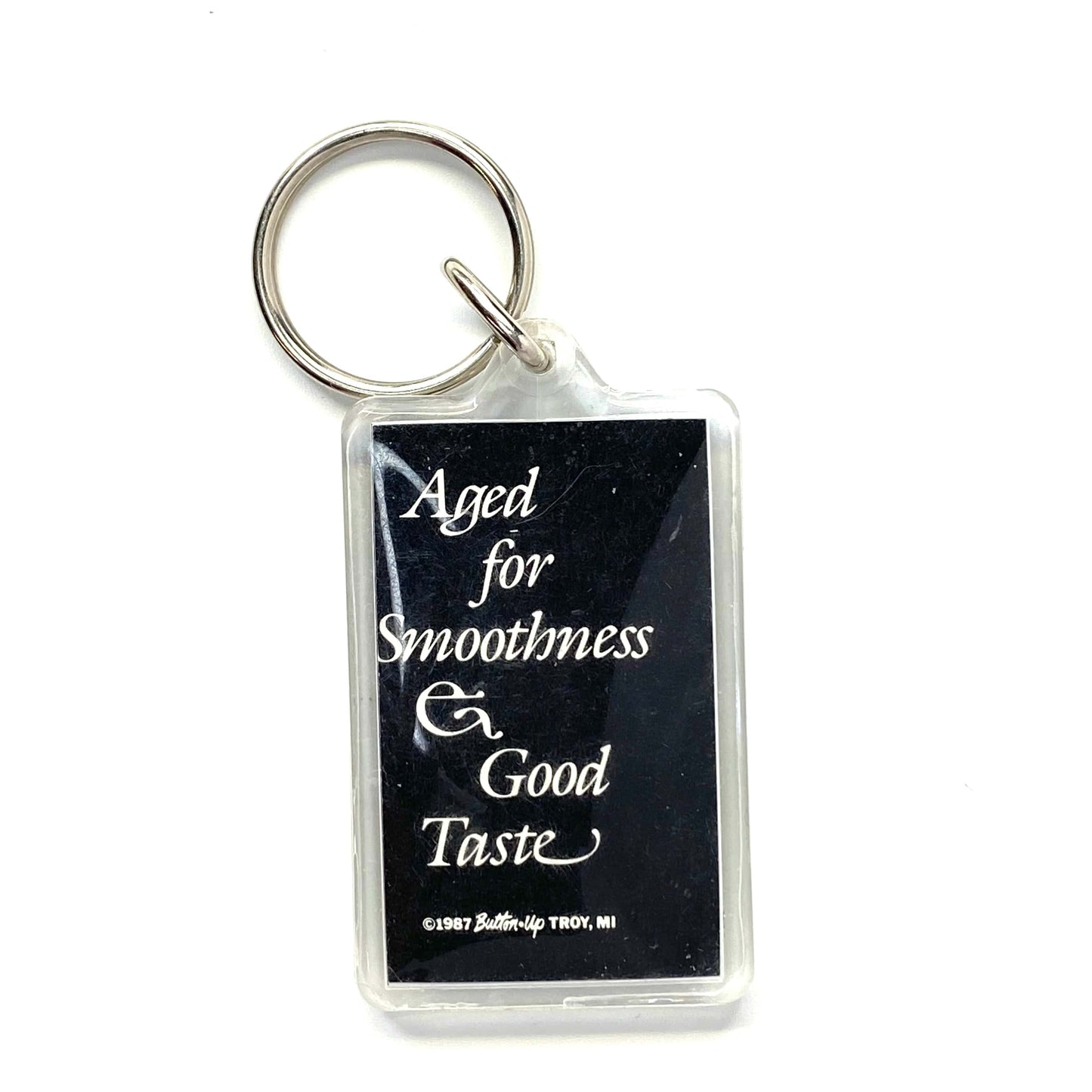 Vintage Novelty Keychain “Aged for Smoothness Good Taste” Key Ring Rectangle Clear Acrylic