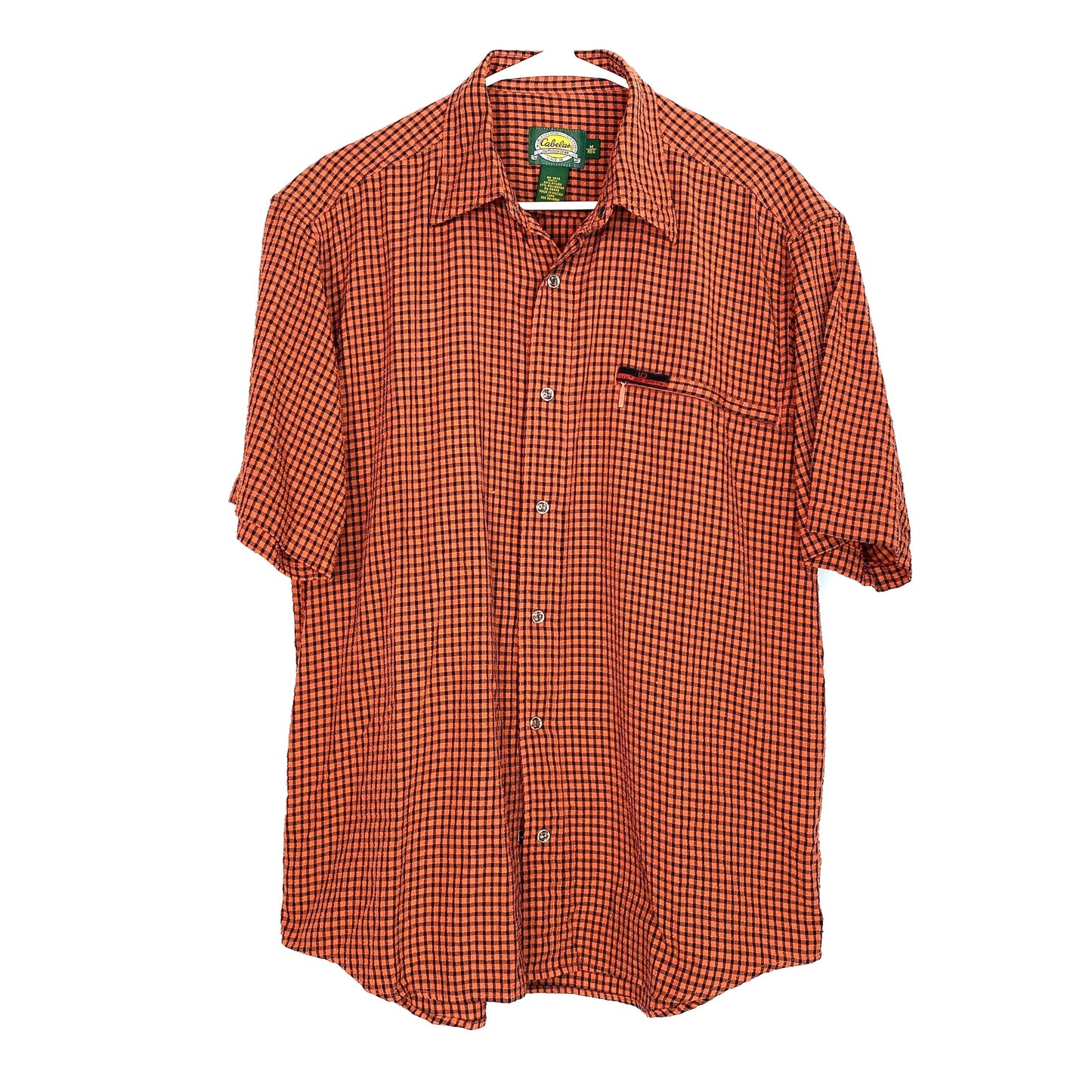 Cozy Cabelas Mens Orange/Black Check Plaid Snap-Up Shirt M