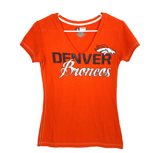 Denver Broncos NFL Team Apparel Womens Size S Orange V-Neck T-Shirt Blue Sparkle