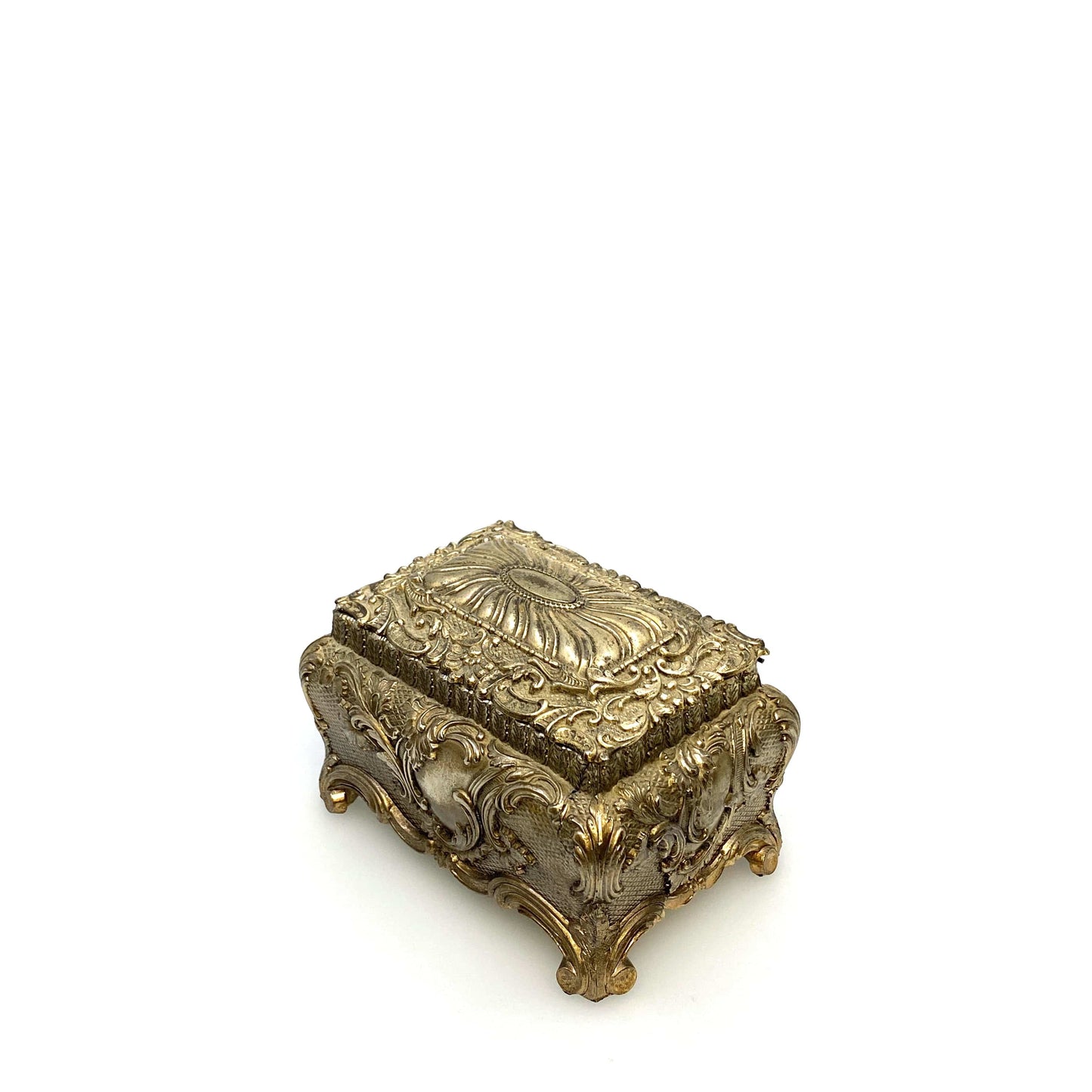 Vintage Ornate Gold Metal Casket Jewelry Box Art Floral Trinket Footed Vanity Accessory