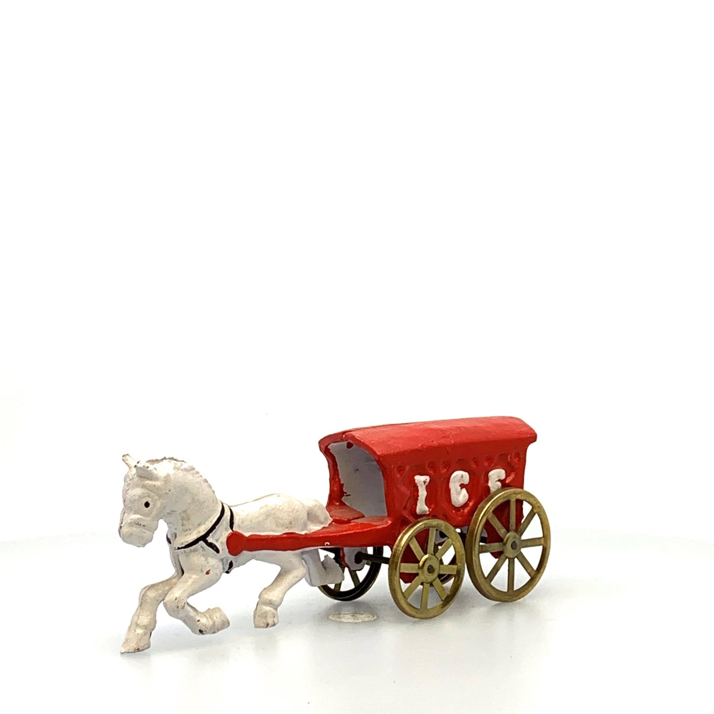 Champion Cast Iron Red Ice Wagon White Horse Drawn Cart Carriage Toy, Gold Wheels