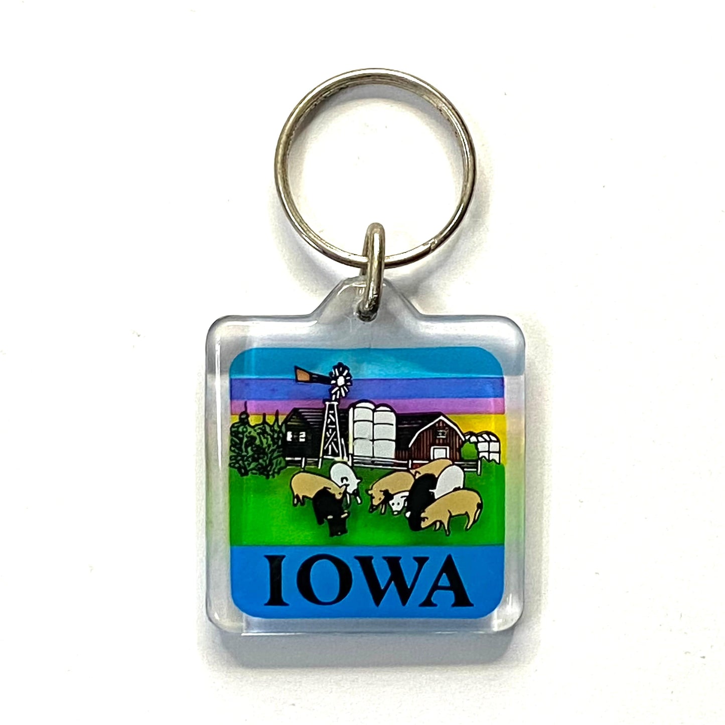 Vintage Iowa Travel Souvenir Keychain Key Ring Square Clear Acrylic