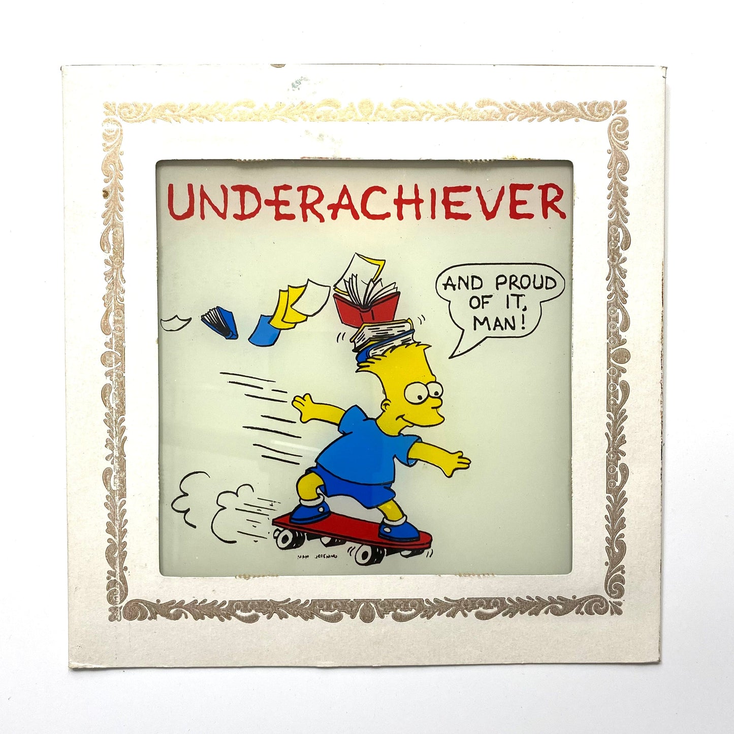 Vintage Bart Simpson “Underachiever And Proud Of It, Man!” Whiskey Glass Carnival Fair Prize Giveaway 6”x6” 1980’s