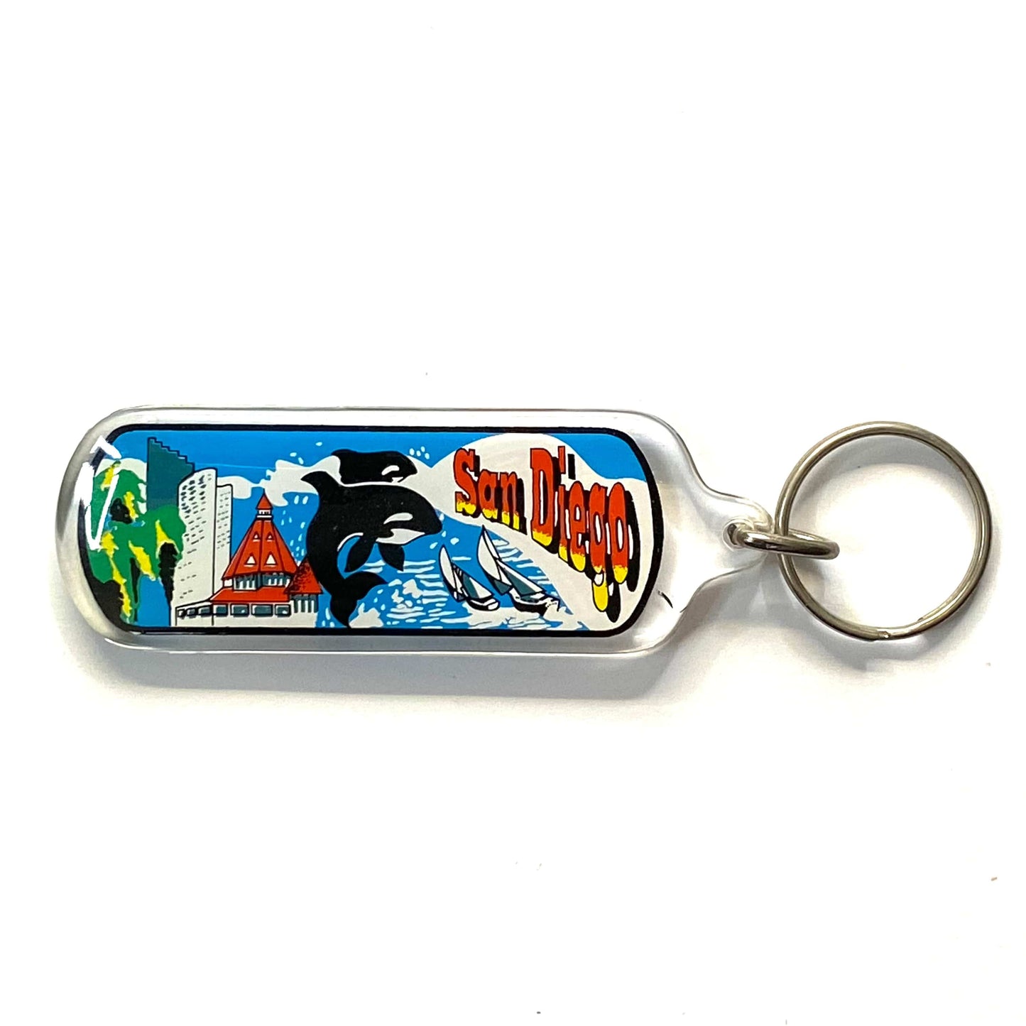 Vintage San Diego, California Travel Souvenir Keychain Key Ring Oval Clear Acrylic