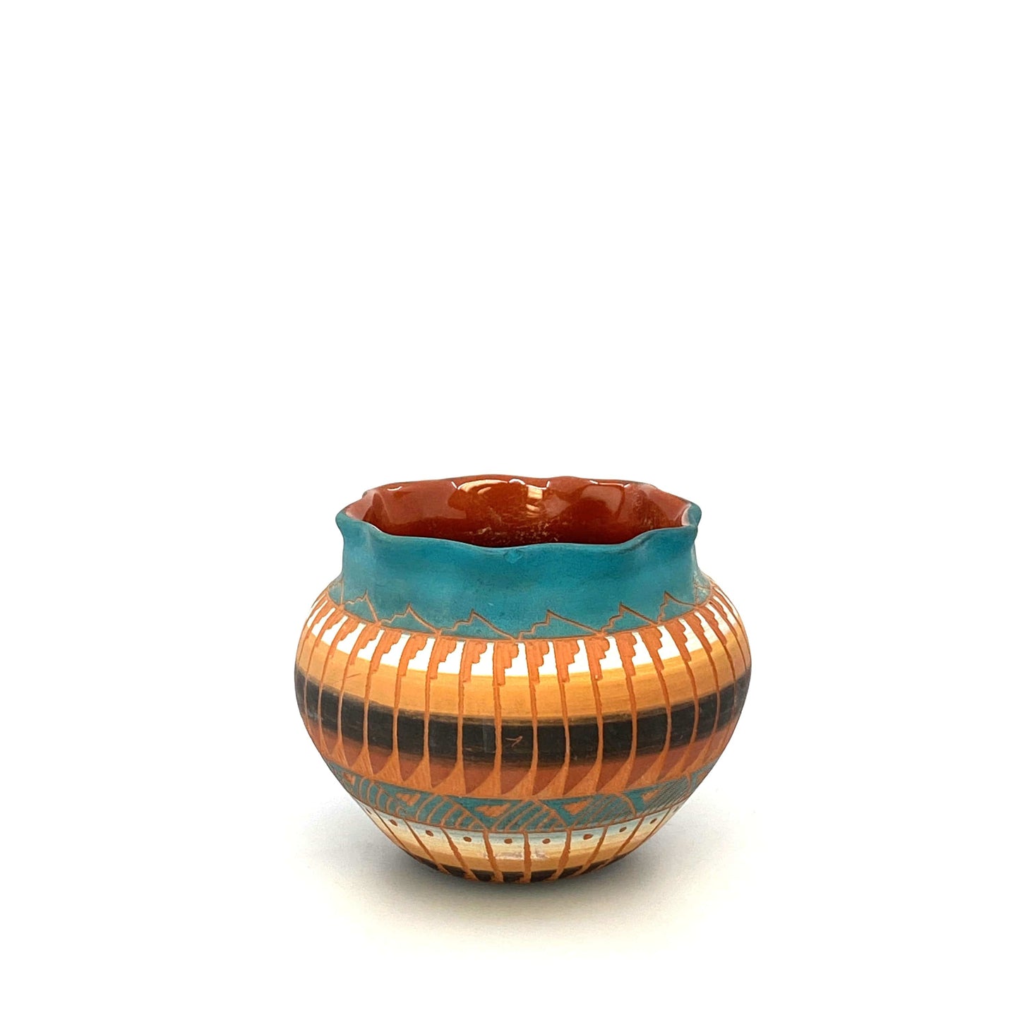 Navajo Pottery by Anna Tsosie Terra Cotta Hand Etched Small Pot 3.5” Blue Orange Brown