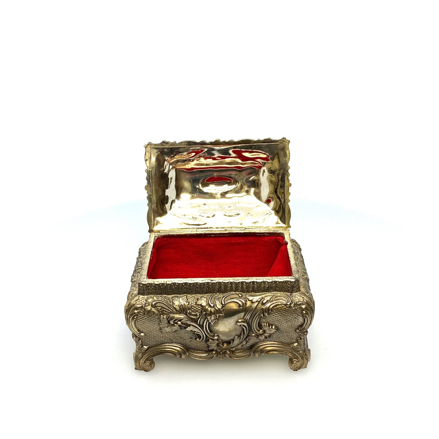 Vintage Ornate Gold Metal Casket Jewelry Box Art Floral Trinket Footed Vanity Accessory