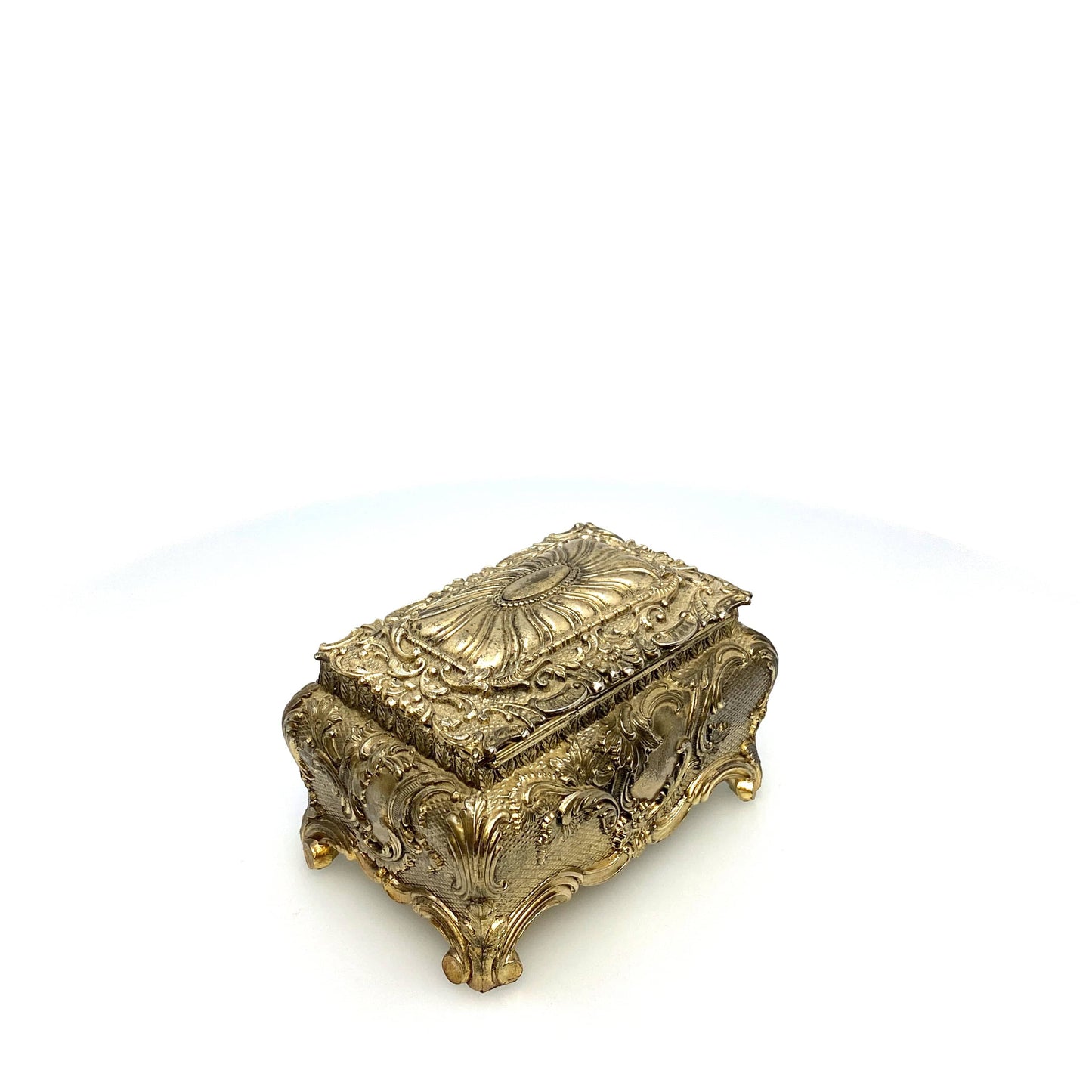 Vintage Ornate Gold Metal Casket Jewelry Box Art Floral Trinket Footed Vanity Accessory