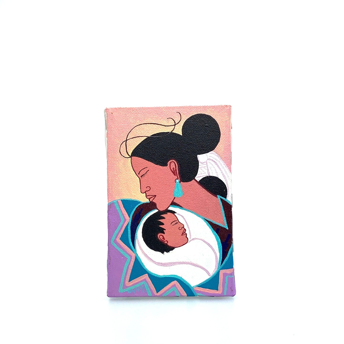 Navajo Hand Painted Mother and Child by Beverly Blacksheep 5.75” x 3.5” Canvas on Wood