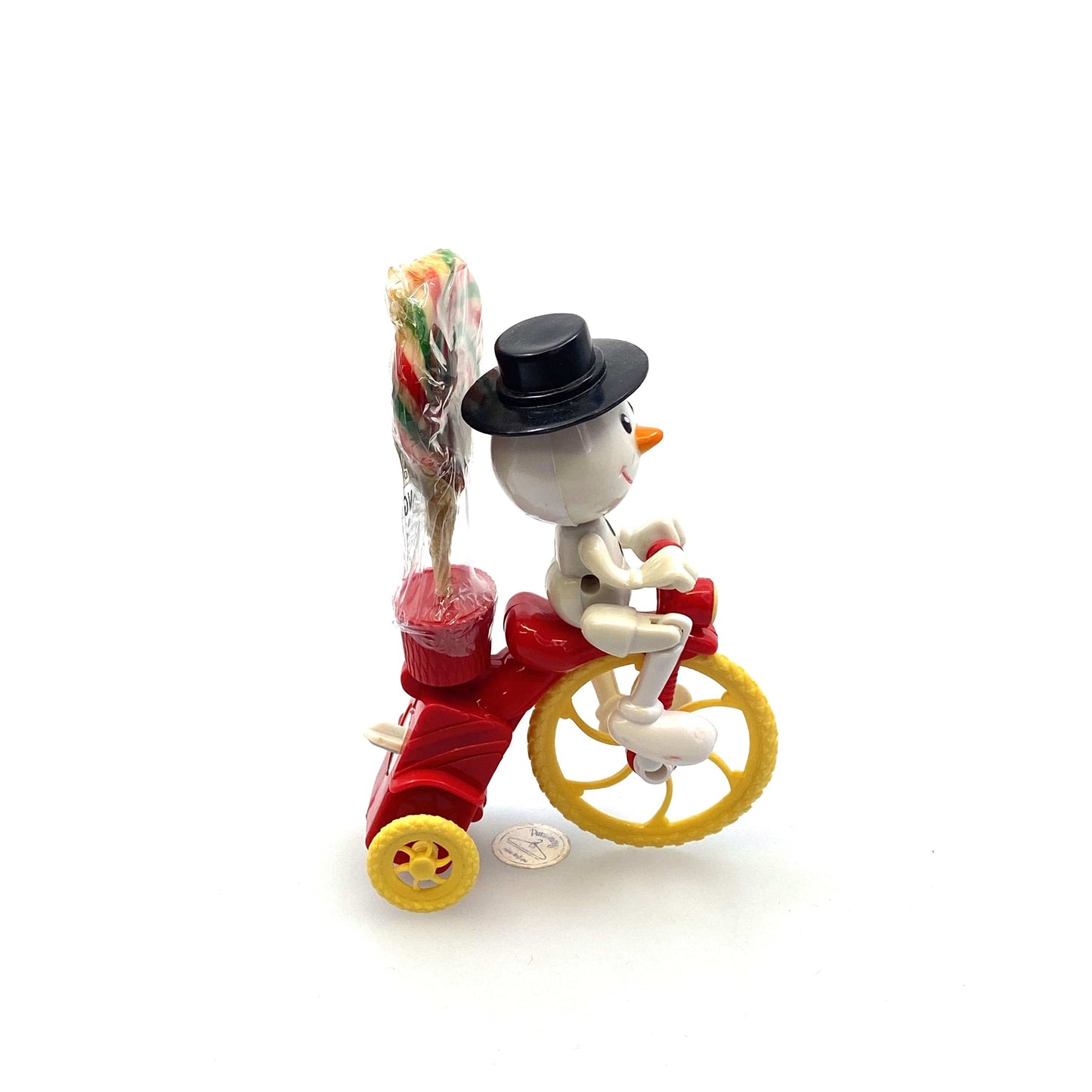 Vintage Stocking Stuffer Christmas Toy Wind-Up Snowman on Bicycle w/Candy*