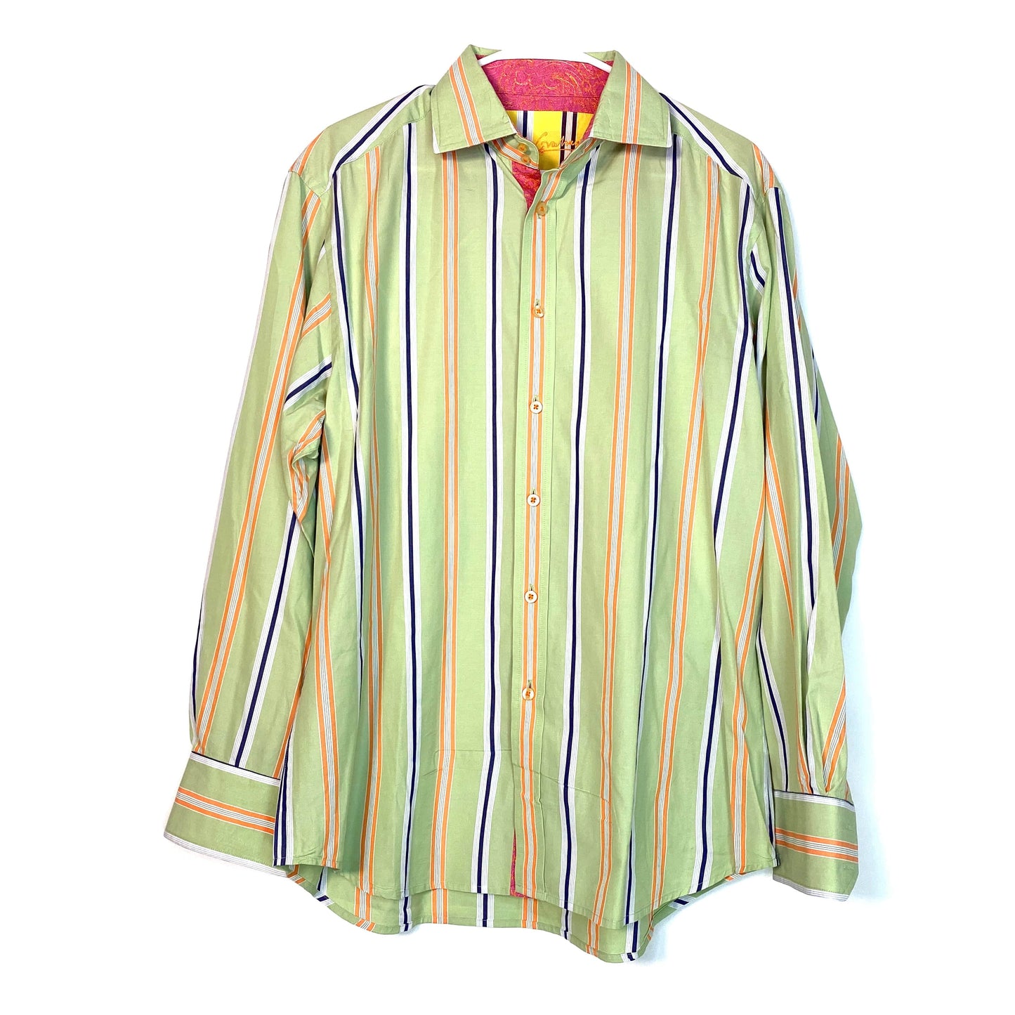 Robert Graham Mens Size L Green Striped Sport Shirt Button-Up L/s Embroidered Cuffs