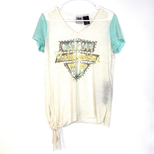 Captivating Harley-Davidson Womens V-Neck T-Shirt Graphic Studded Tied Waist Pre-Owned M Multicolor
