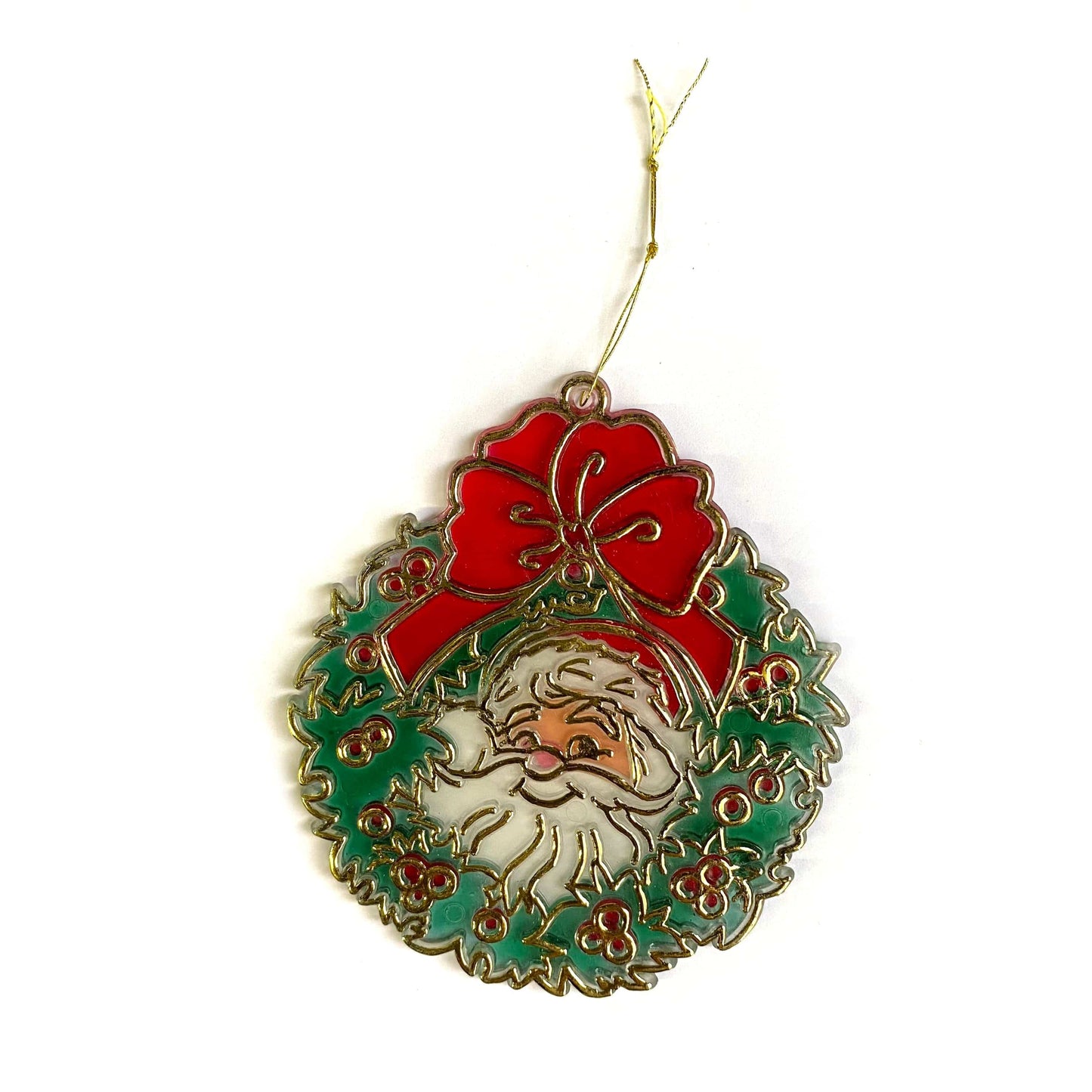 Vintage Santa Wreath Stained Glass Style Acrylic Christmas Ornament Suncatcher 3”