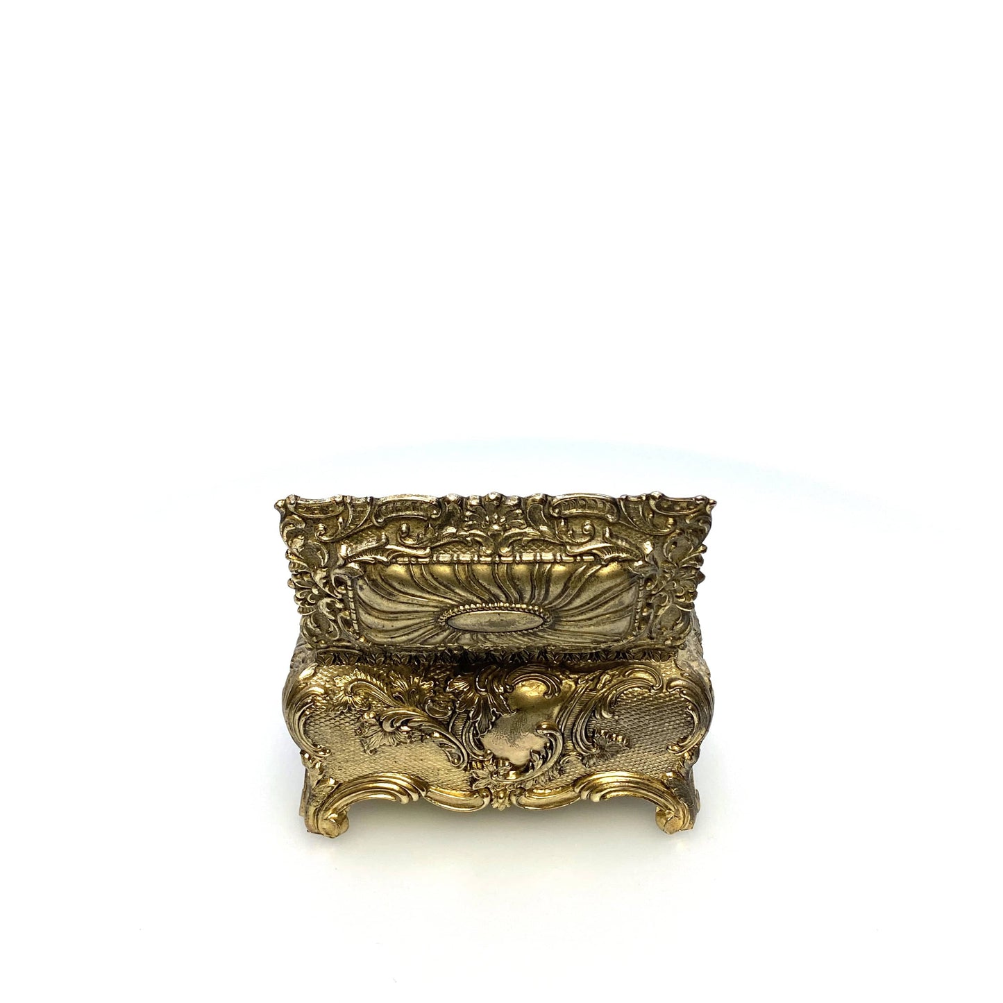 Vintage Ornate Gold Metal Casket Jewelry Box Art Floral Trinket Footed Vanity Accessory