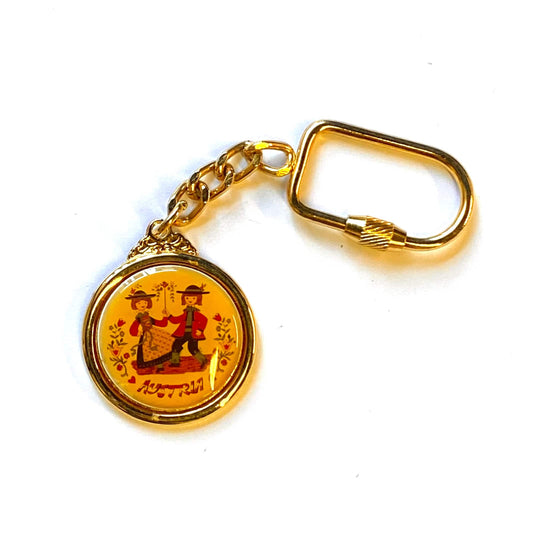 Vintage “Austria” Enamel Souvenir Keychain Key Ring Metal Gold
