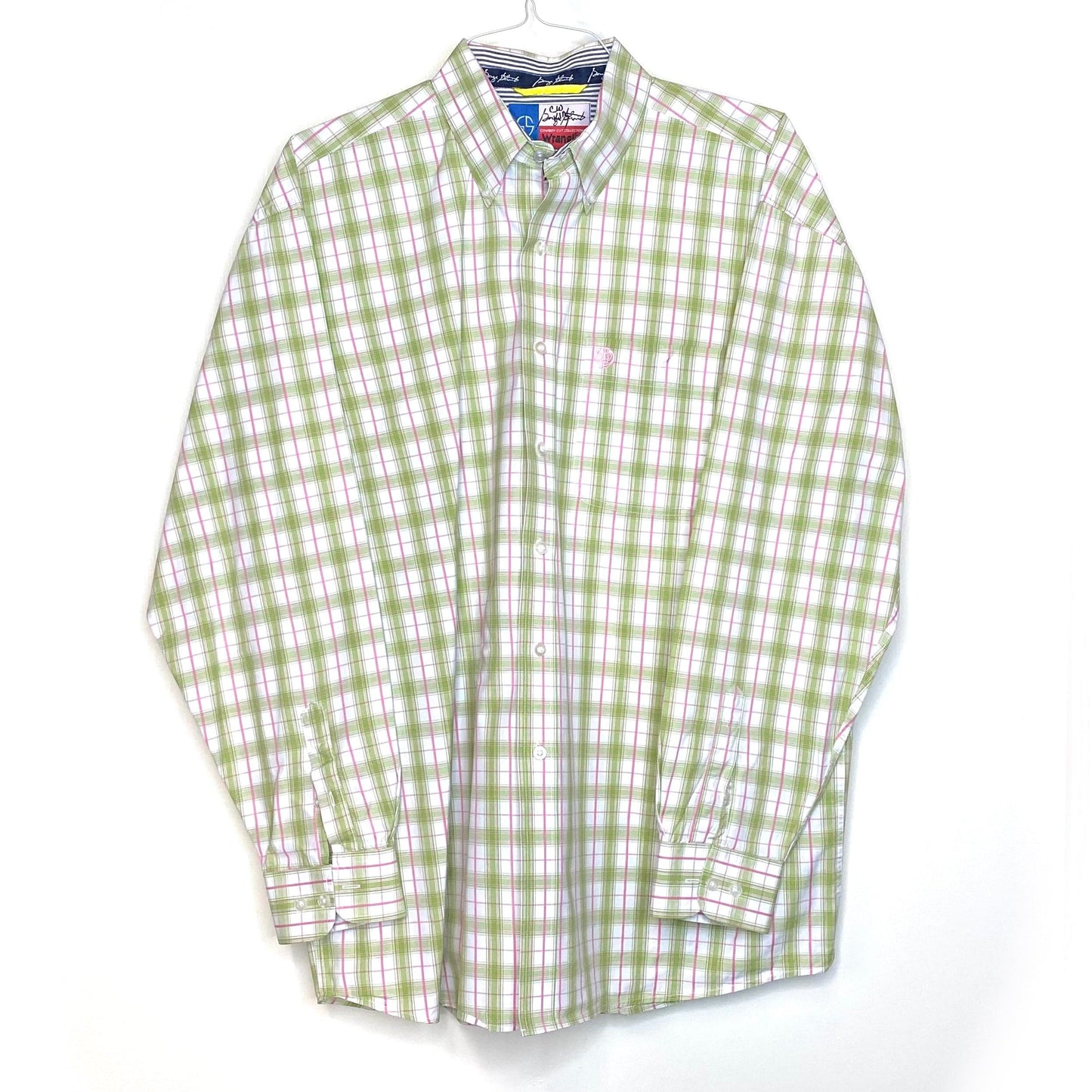 Wrangler George Strait Size XL Pink Green White Plaid Western Shirt Button-Down L/s