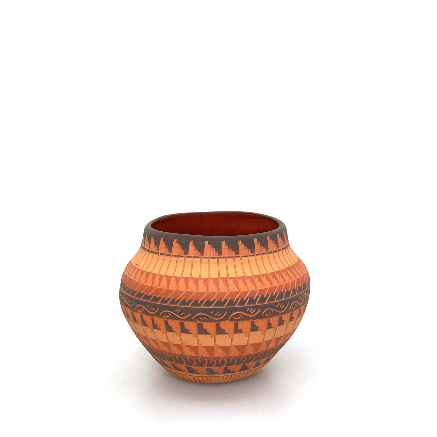 Navajo Pottery by Anna Tsosie Terra Cotta Hand Etched Small Pot 4.5” Orange Brown