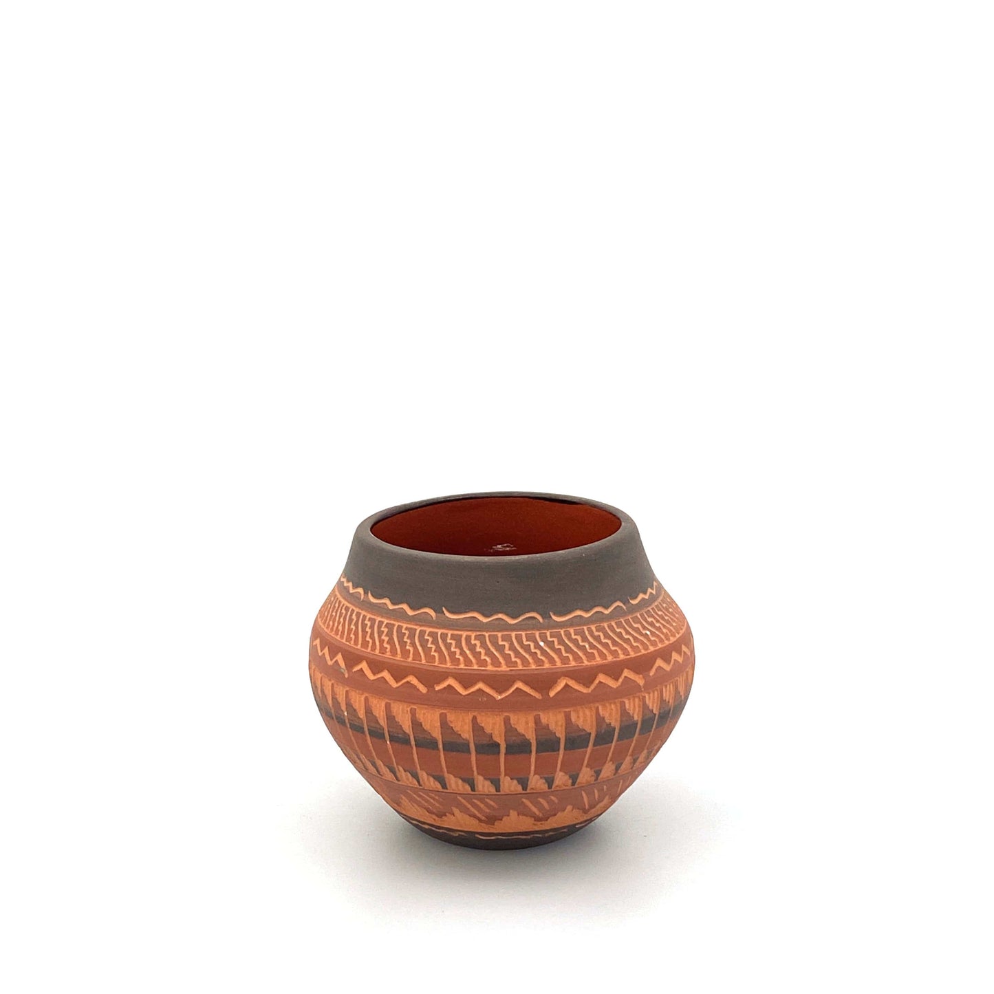 Navajo Pottery by Anna Tsosie Terra Cotta Hand Etched Small Pot 3” Orange Brown