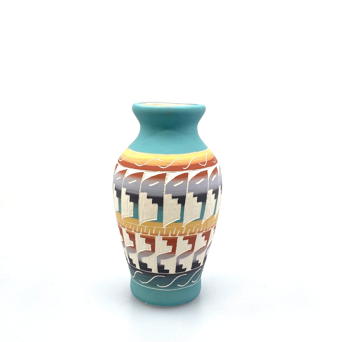 Lakota Pottery Vase Signed T.K. Lakota 99 Terra Cotta Hand Etched 8” Blue White Orange