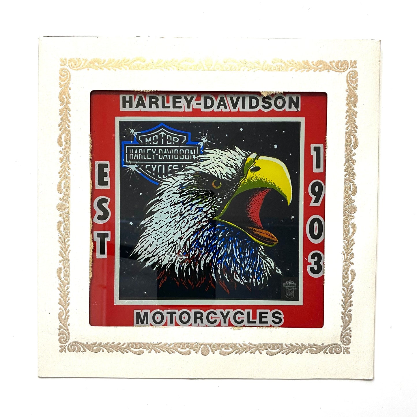 Vintage Harley-Davidson Eagle “EST 1903” Crest Glass Carnival Fair Prize Giveaway 6”x6” 1980’s