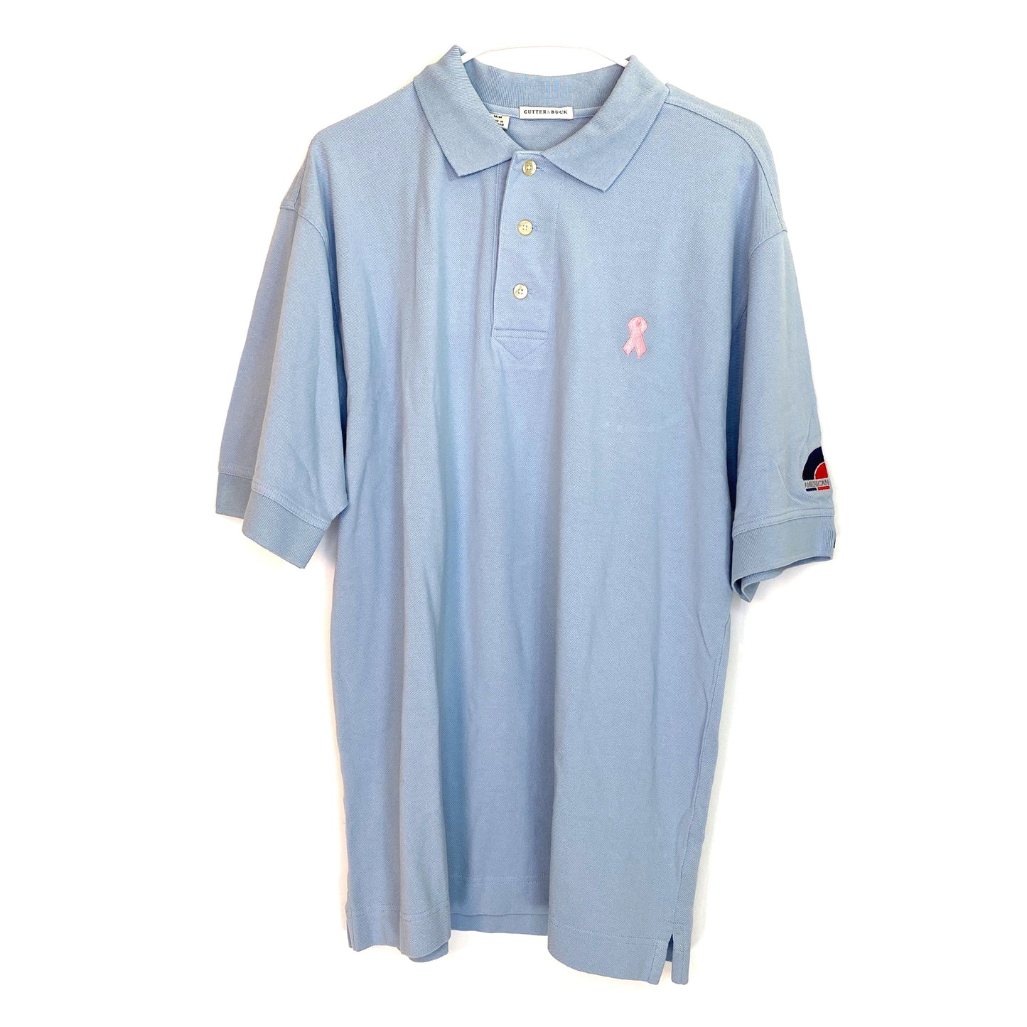Cutter & Buck Mens Size M Golf Polo Shirt Light Blue Pink Breast Cancer ABC Bank