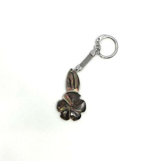 Vintage Tahiti Mother of Pearl Hand-Carved Gardenia Souvenir Keychain Key Ring