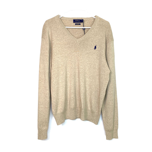 Polo Ralph Lauren Mens Size M Pima Cotton V Neck Sweater Beige Tight Knit