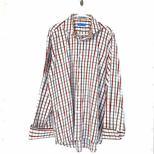 Asante Couture Mens Size 17½ 34/35 White Box Plaid Button-Up Dress Shirt L/s