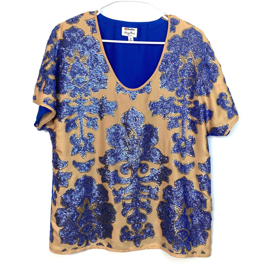 Tracy Reese for Newman Marcus Womens Size M Beige Blue Sequined Blouse Top S/s