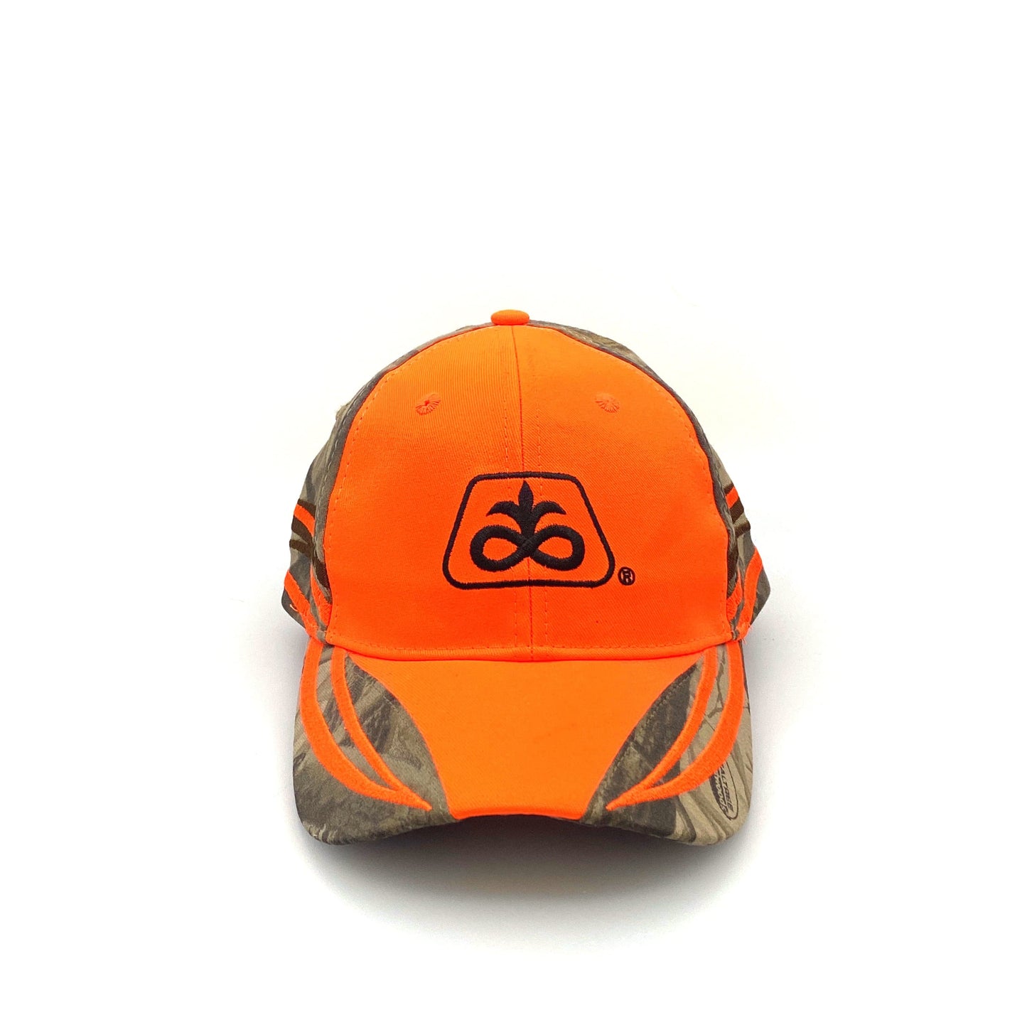 Pioneer Seed Mens Adjustable Baseball Hat Safety Orange and Camouflage