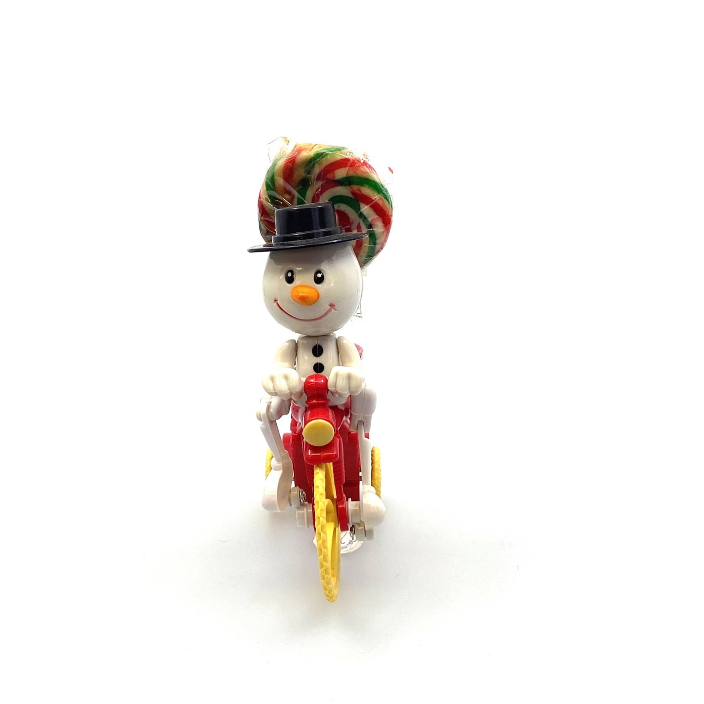 Vintage Stocking Stuffer Christmas Toy Wind-Up Snowman on Bicycle w/Candy*