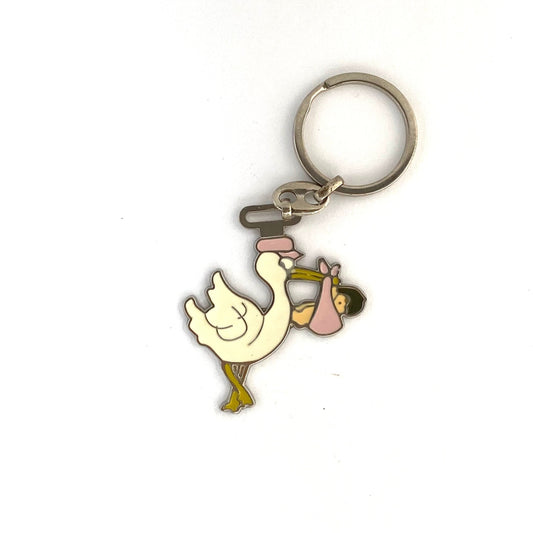 Stork & Baby White Pink Metal Enamel Keychain Key Ring Metal Multicolor Charm