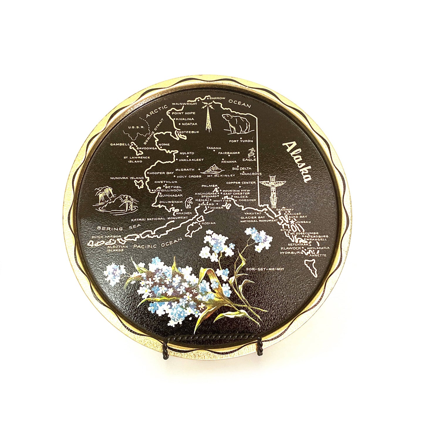 State of Alaska Collectible Decorative Plate 11” Black/Gold Map Points of Interest