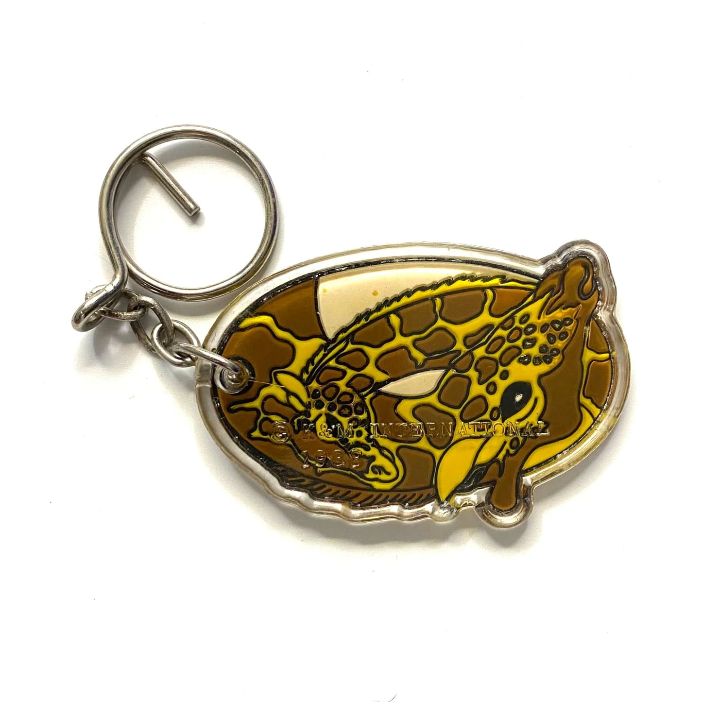 Vintage K&M International Giraffe Souvenir Keychain Key Ring Acrylic Oval Brown/Yellow