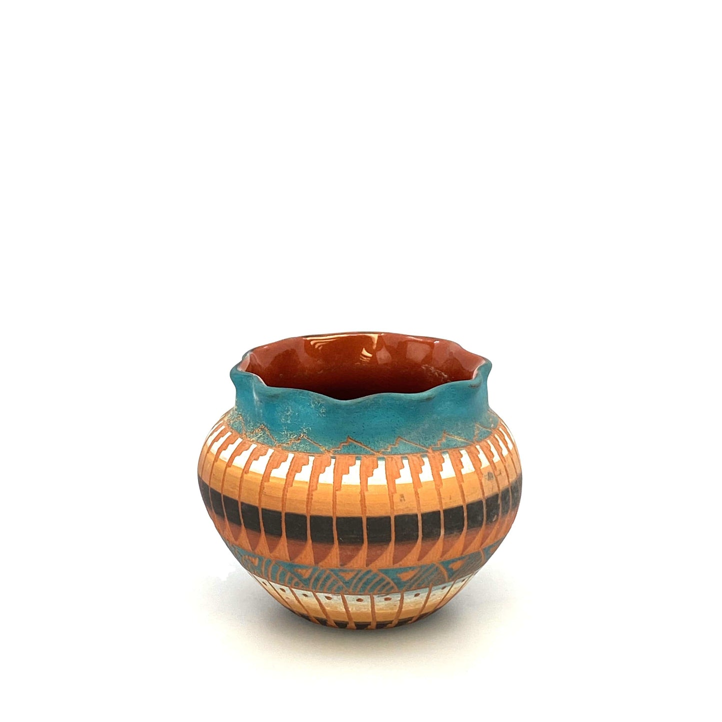 Navajo Pottery by Anna Tsosie Terra Cotta Hand Etched Small Pot 3.5” Blue Orange Brown