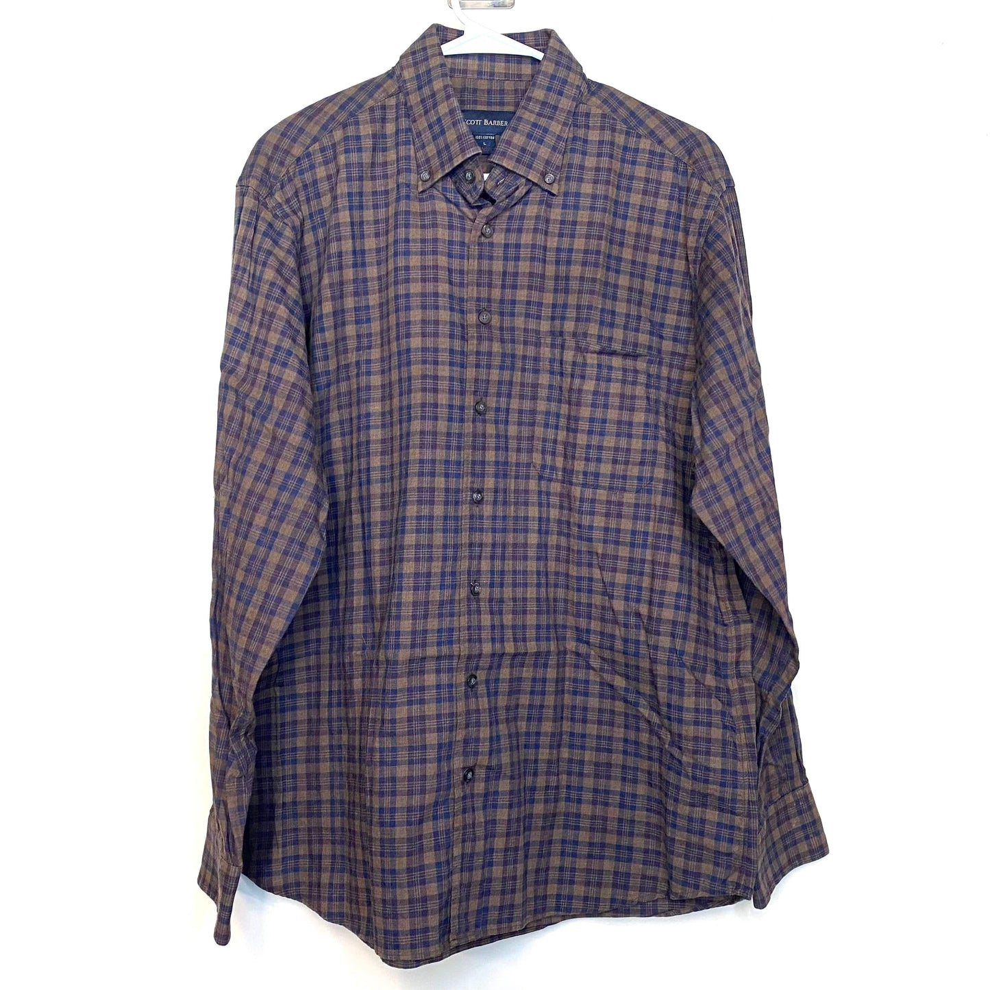 Scott Barber Mens Dress Shirt Size L Brown Blue Purple Plaid Button-Up L/s